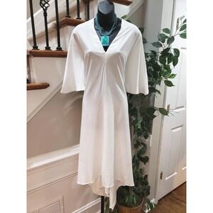 Vonda Women's White Solid Polyester V-Neck Half Sleeve Casual Long Maxi Dress XL